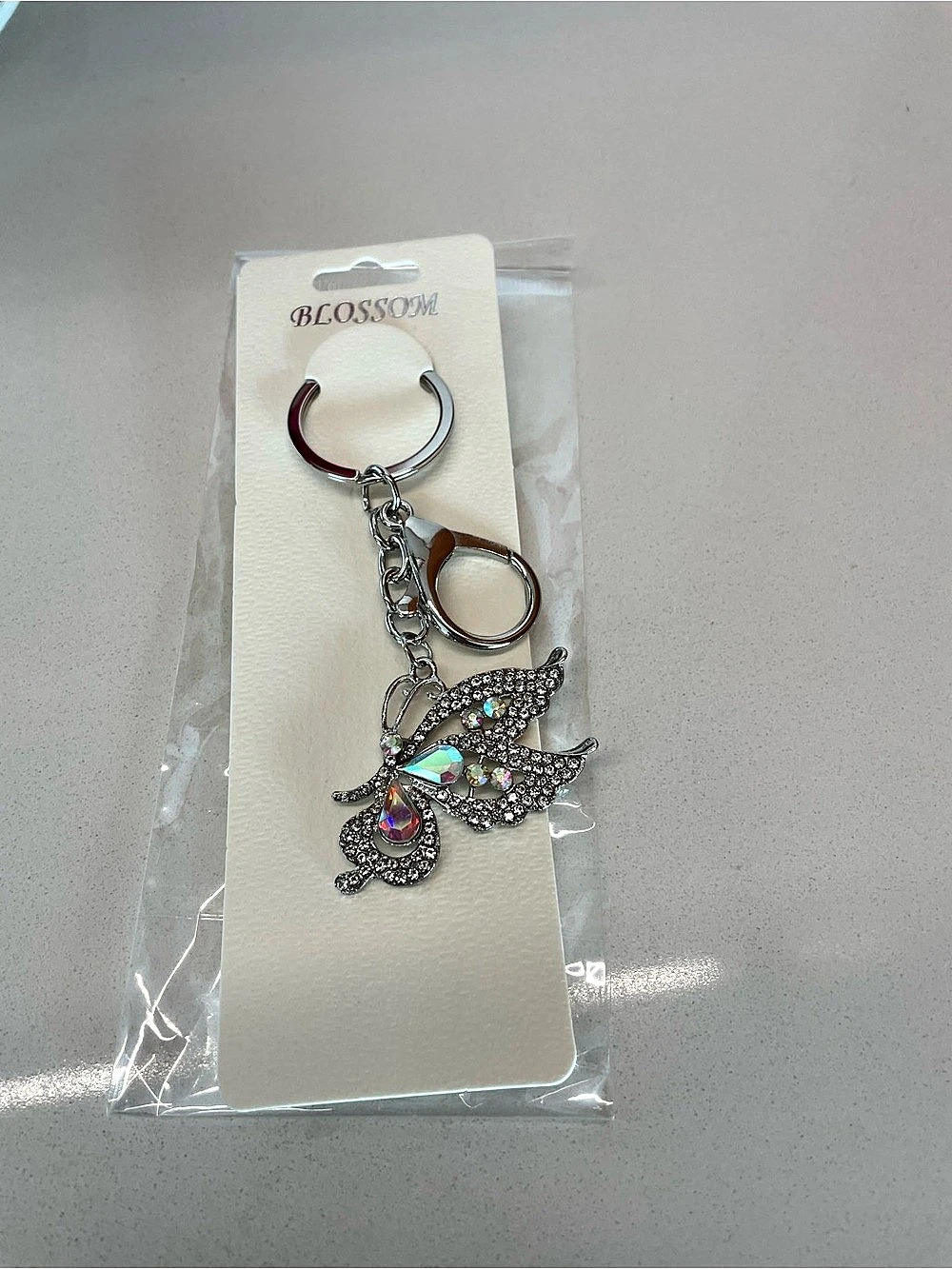 Rhinestone Butterfly Charm Keychain in Silver & Multicolor NWT